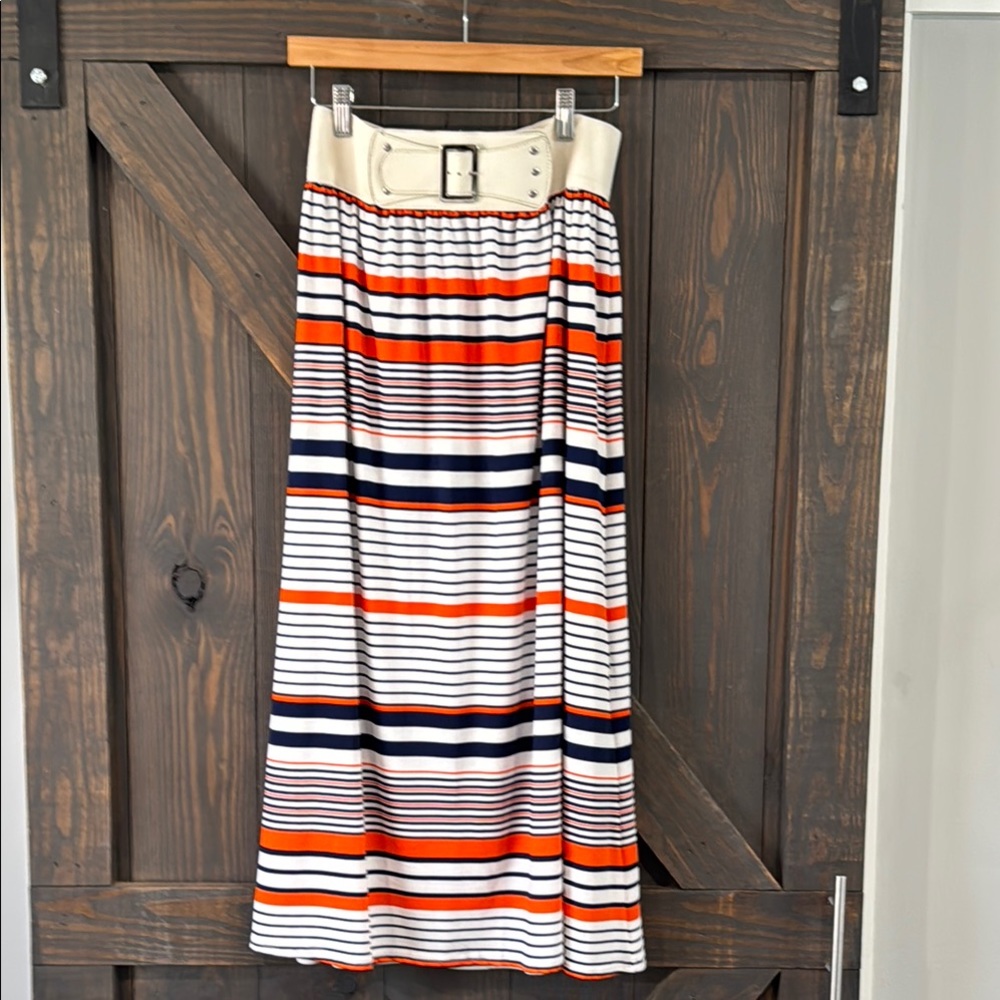 Magic Women’s Blue & Orange Striped Elastic Waistband w/belt Maxi Skirt Size 1X